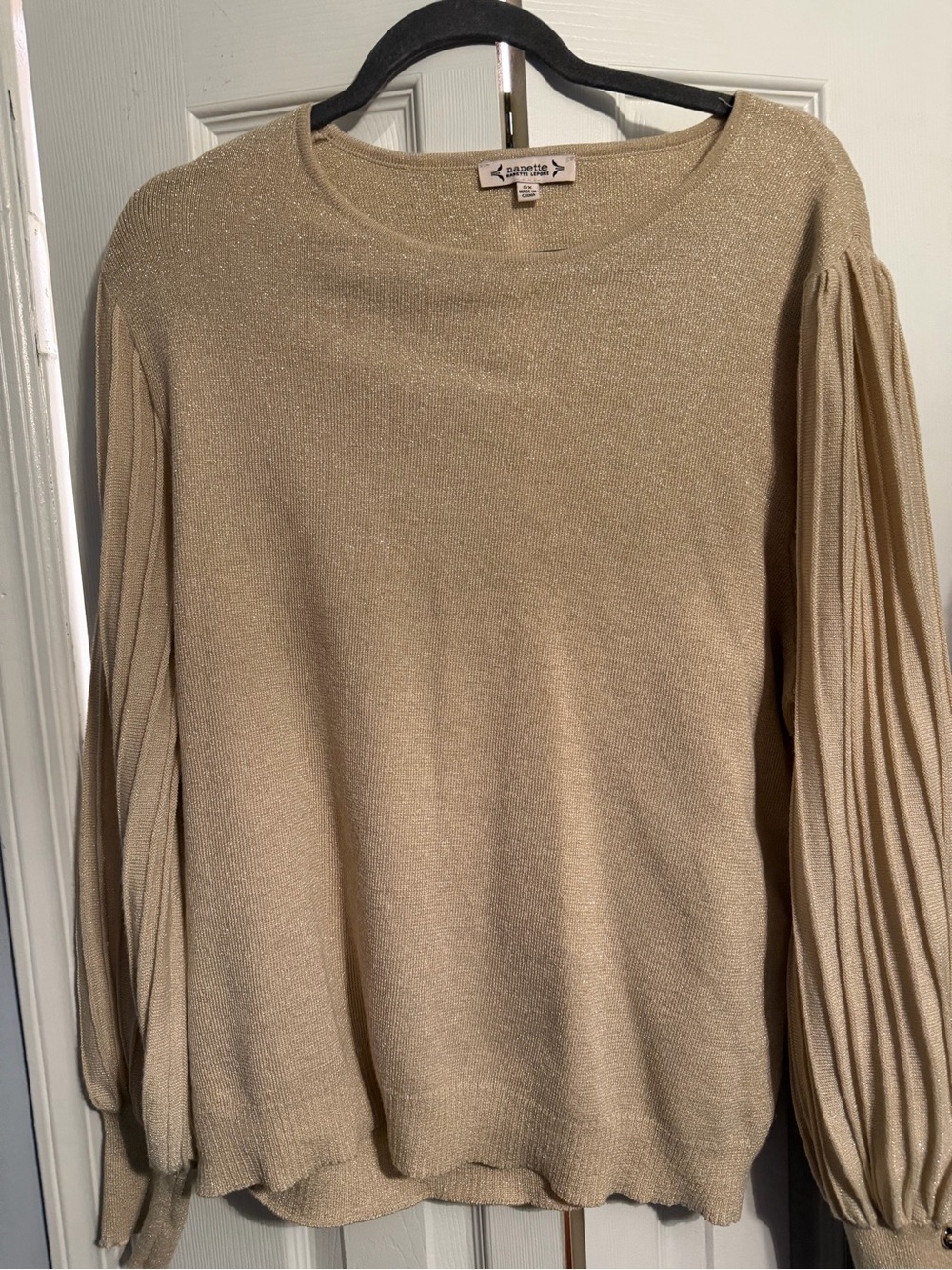 Metallic Cream Pleated-Sleeve Sweater (sparkly/glittery)